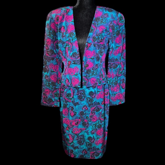 Collections By Michelle Stuart - 80's 2-Piece Vibrant Silk Suit - Size 8 - Picture 7 of 14